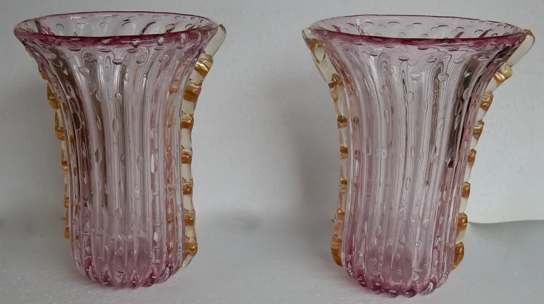 1970′ Paire de Vases Ou Similaires Cristal Murano Rose et Or Signés Toso