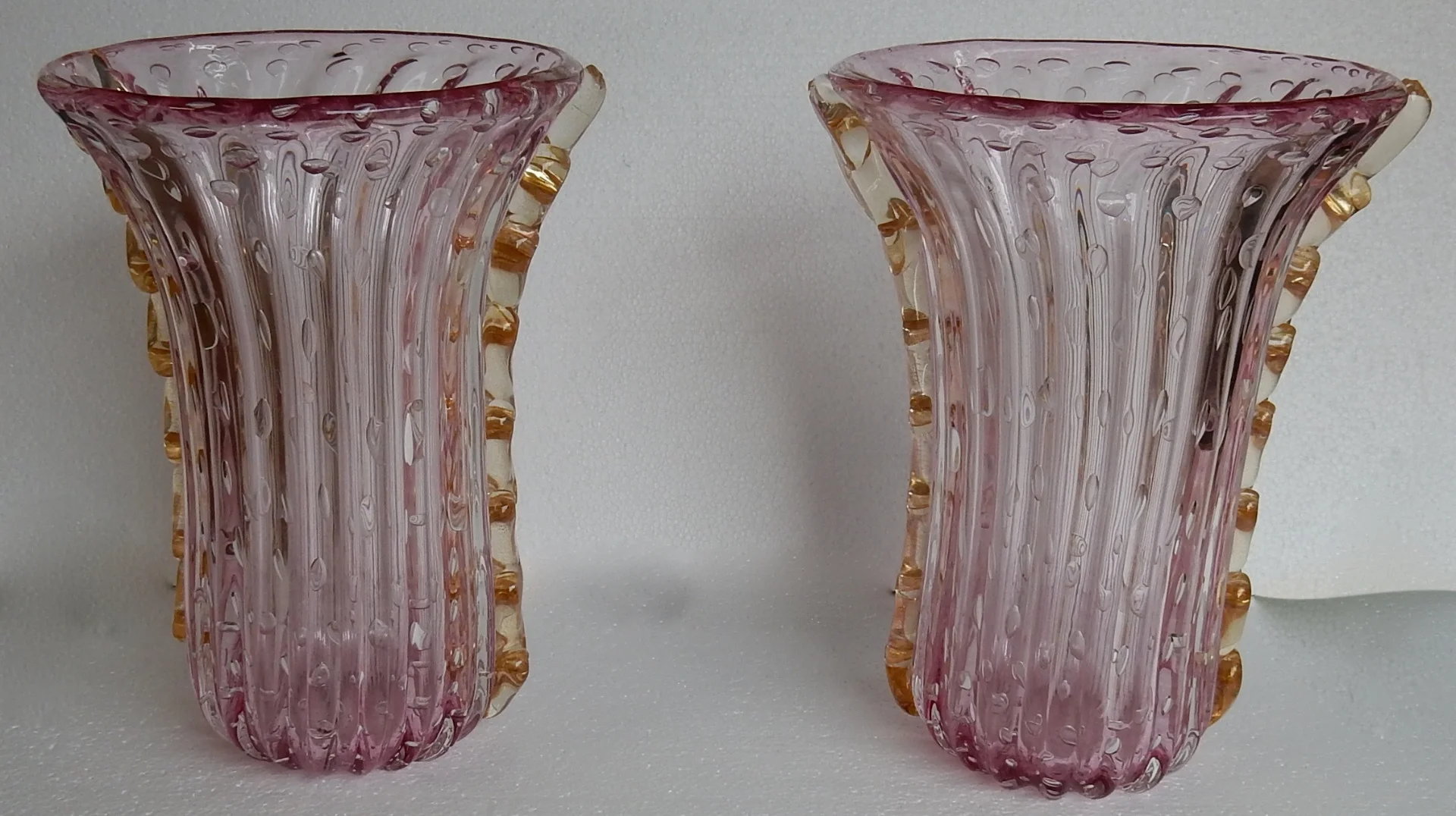 1970′ Pair of Vases or Similar Murano Crystal Pink and Gold Signed Toso