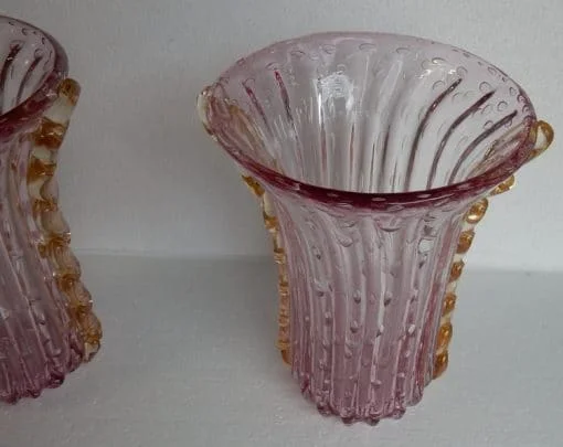 1970′ Pair of Vases or Similar Murano Crystal Pink and Gold Signed Toso