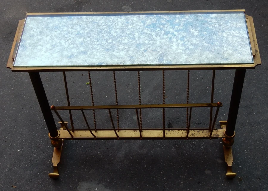 1970′ Maison Jansen Magazine Rack in Gilt Bronze, Oxidized Mirror Top