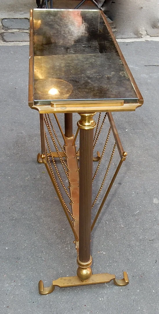 1970′ Maison Jansen Magazine Rack in Gilt Bronze, Oxidized Mirror Top