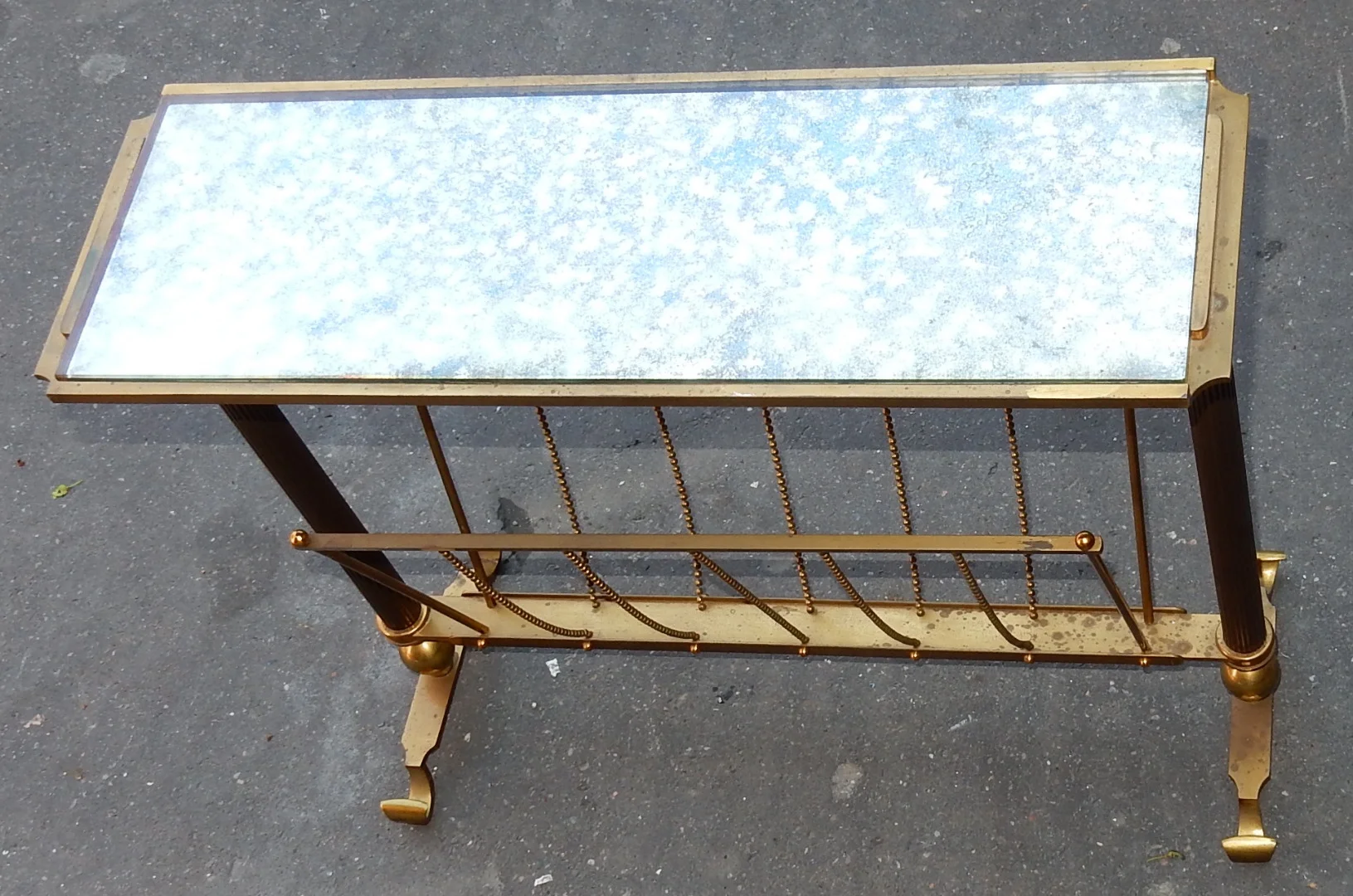 1970′ Maison Jansen Magazine Rack in Gilt Bronze, Oxidized Mirror Top