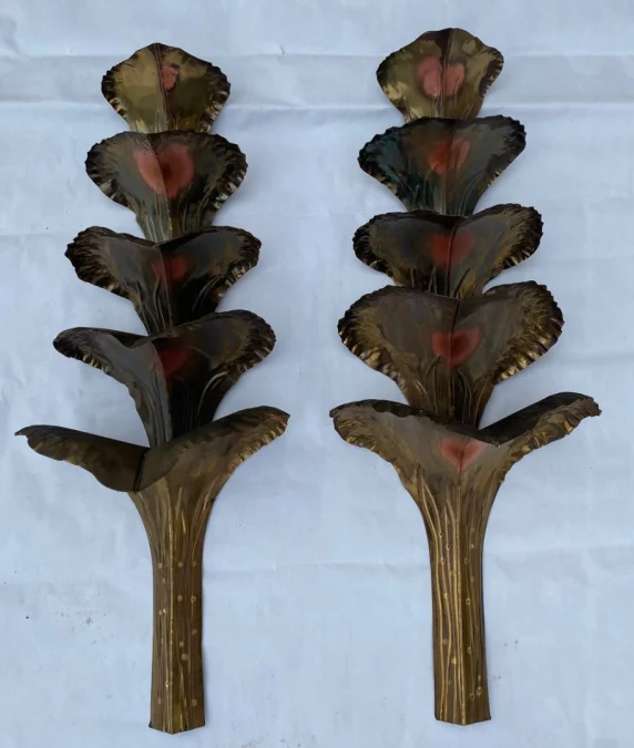 1970′ Pair of Patinated Brass Sconces Allegory Ginkgo Foliage with 4 Bulbs Symbol of Longevity