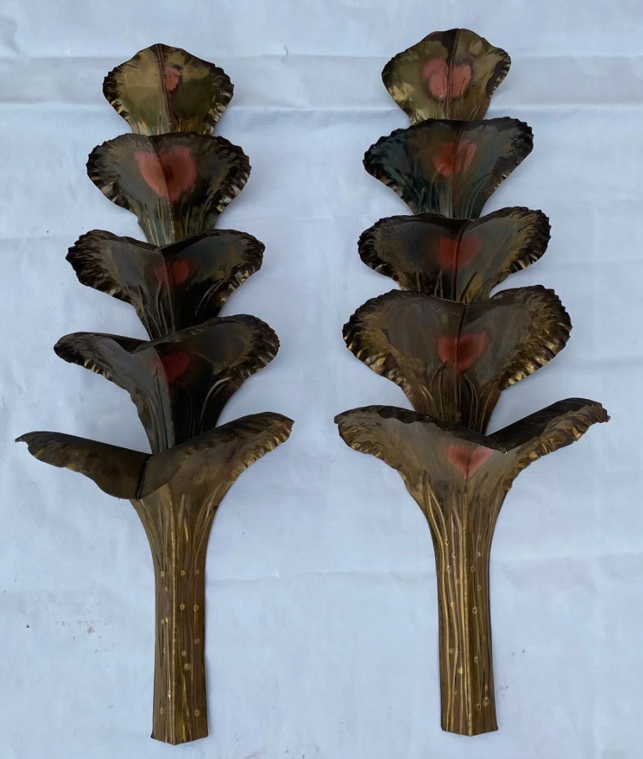 1970′ Pair of Patinated Brass Sconces Allegory Ginkgo Foliage with 4 Bulbs Symbol of Longevity
