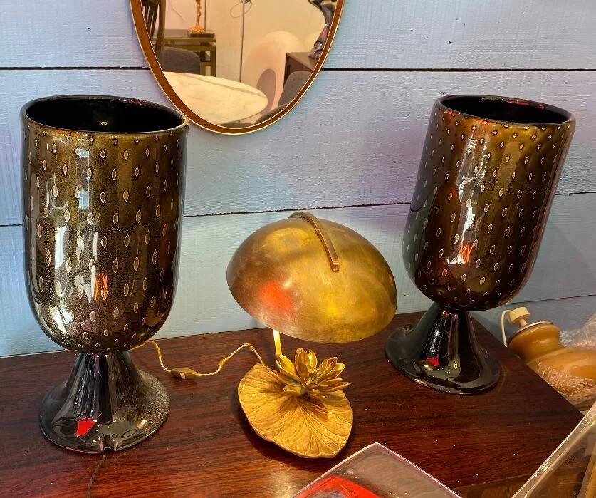 1970′ Paire de Lampes Cristal Murano Noir et Or Attribuées à Toso
