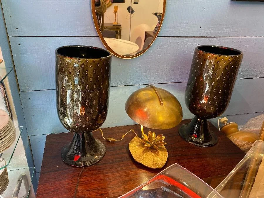 1970′ Paire de Lampes Cristal Murano Noir et Or Attribuées à Toso