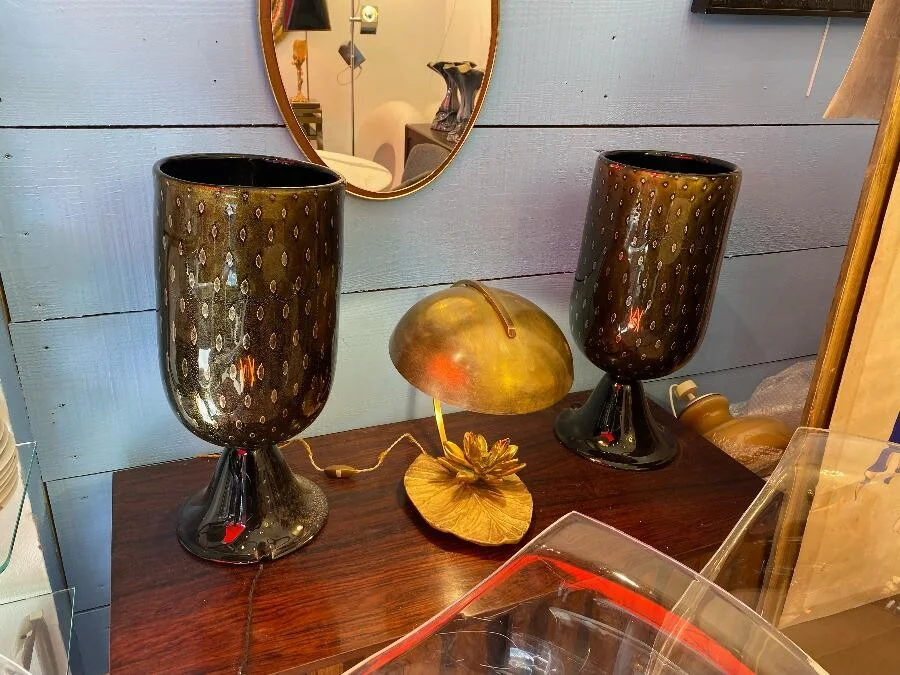 1970′ Paire de Lampes Cristal Murano Noir et Or Attribuées à Toso