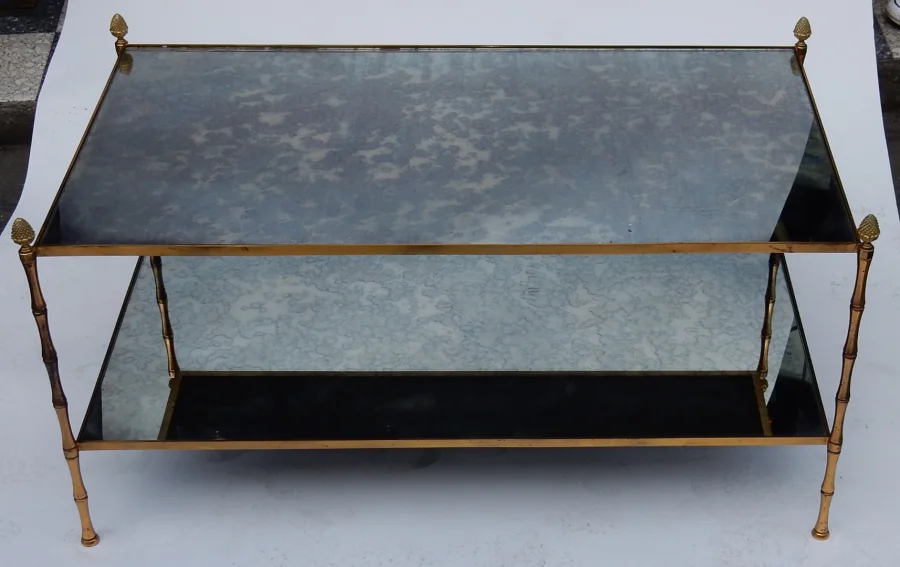 1970′ Table Basse Maison Baguès Décor Bambou en Laiton et Miroir Oxydé