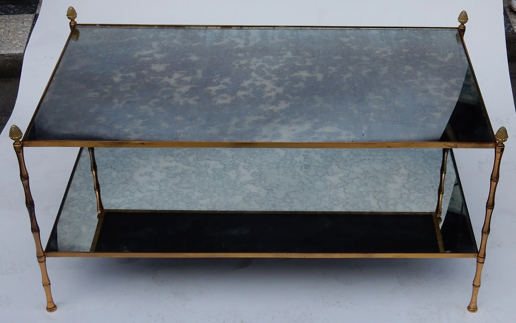 1970s Maison Baguès Coffee Table, Bamboo Design in Brass and Oxidized Mirror