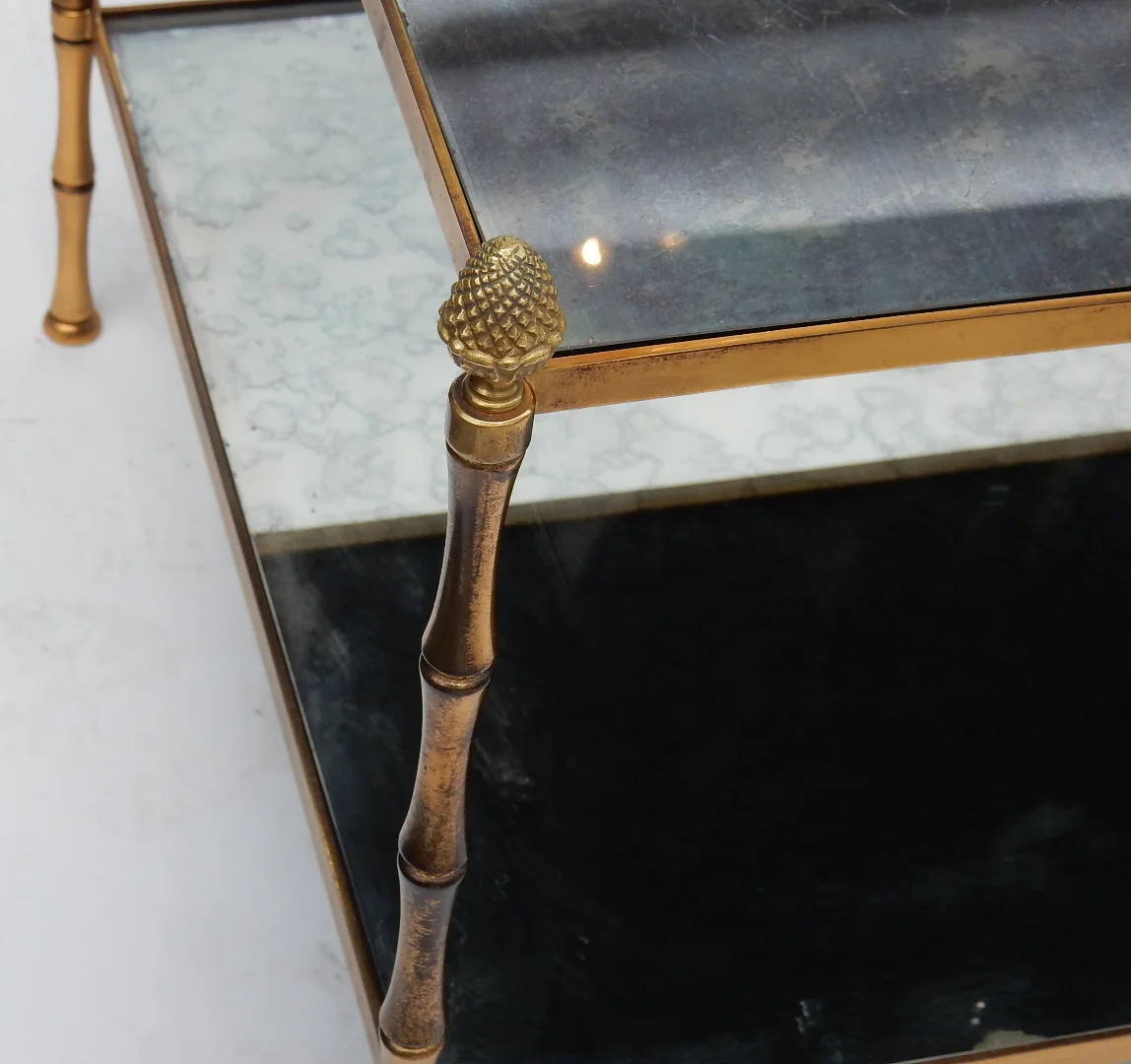 1970s Maison Baguès Coffee Table, Bamboo Design in Brass and Oxidized Mirror