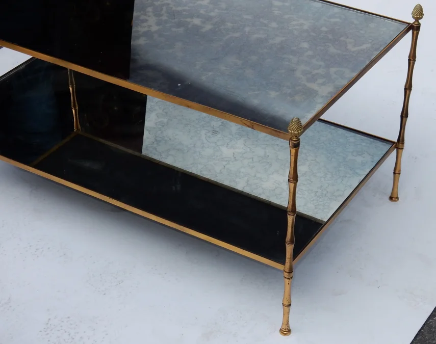 1970′ Table Basse Maison Baguès Décor Bambou en Laiton et Miroir Oxydé