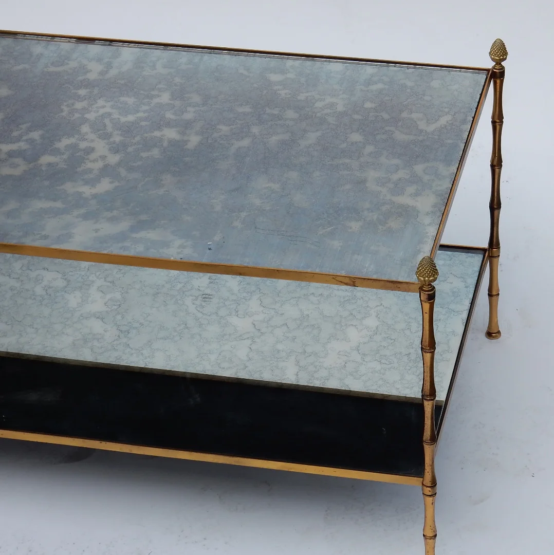 1970s Maison Baguès Coffee Table, Bamboo Design in Brass and Oxidized Mirror