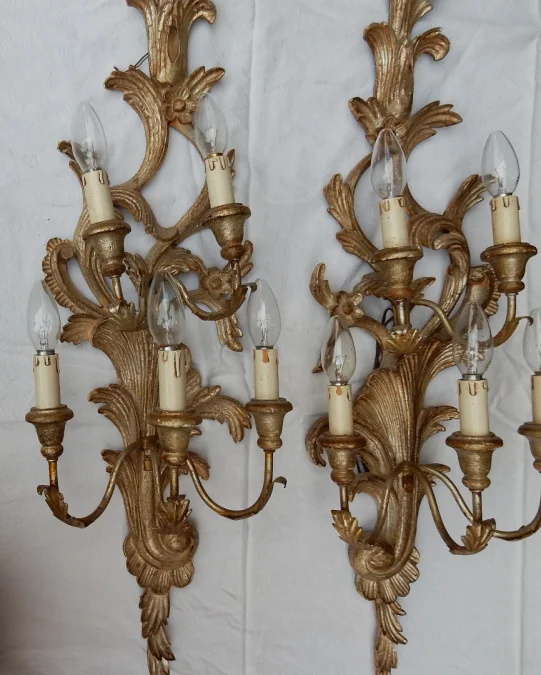 1950/70′ Paire d’Appliques Bois Argenté Style LXV