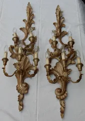 1950/70 Pair of Silvered Wood Wall Sconces, Louis XV Style