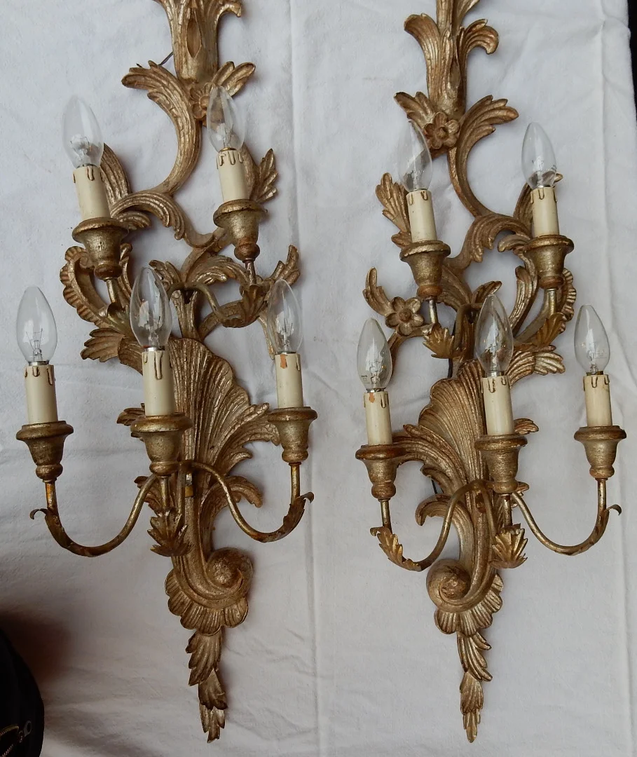 1950/70′ Paire d’Appliques Bois Argenté Style LXV