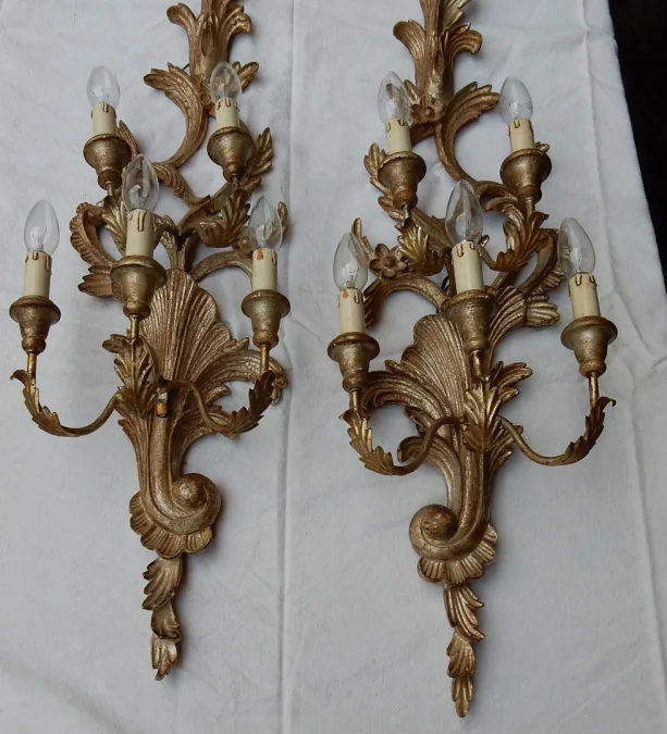 1950/70′ Paire d’Appliques Bois Argenté Style LXV