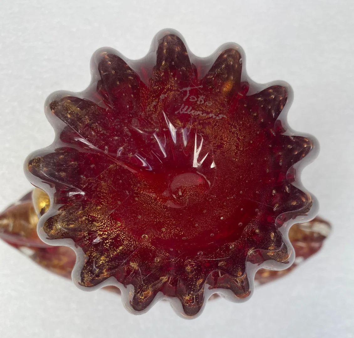 1970′ Vase Cristal Murano Violine et Or Signé Toso