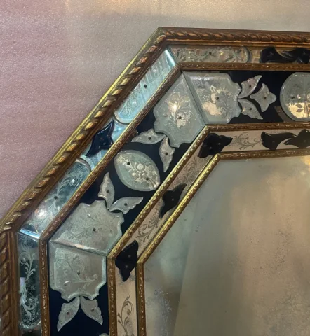 1970/80 Octagonal Venice Mirror Louis 14 Style Pareclose Golden Wood With Blue Glass Ornaments And Oxidized Mirrors