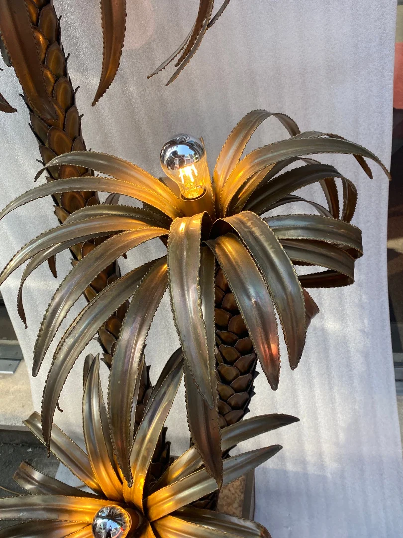 1970′ Palm Tree Floor Lamp, Brass By Barbier, Maison Jansen 3 Heads Brutalist Style