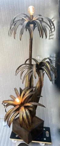1970′ Lampadaire Palmier, en Laiton Par Barbier, Maison Jansen 3 Têtes Style Brutaliste