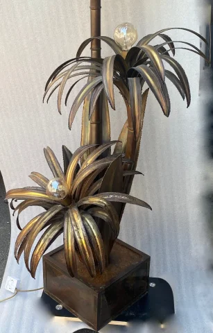 1970′ Lampadaire Palmier, en Laiton Par Barbier, Maison Jansen 3 Têtes Style Brutaliste