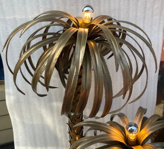 1970′ Lampadaire Palmier, en Laiton Par Barbier, Maison Jansen 3 Têtes Style Brutaliste