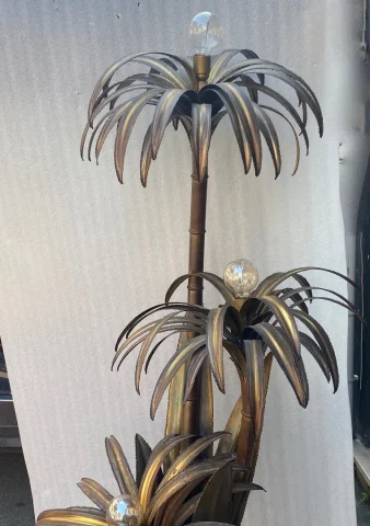 1970′ Lampadaire Palmier, en Laiton Par Barbier, Maison Jansen 3 Têtes Style Brutaliste