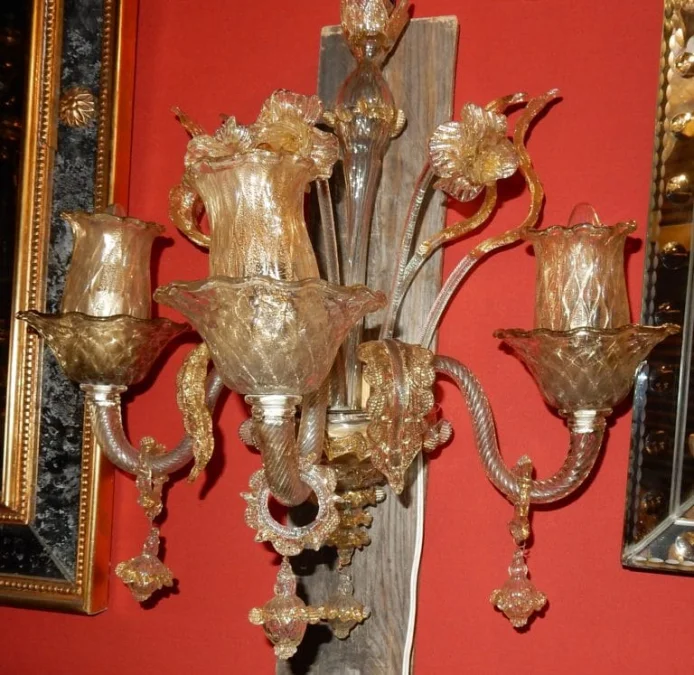 1950/70′ Pair of 3-Light Wall Sconces in Murano Crystal with Gold Flakes