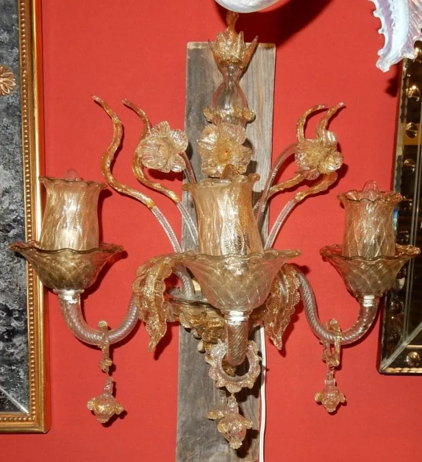 1950/70′ Pair of 3-Light Wall Sconces in Murano Crystal with Gold Flakes