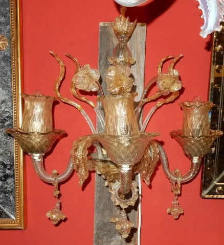 1950/70′ Pair of 3-Light Wall Sconces in Murano Crystal with Gold Flakes