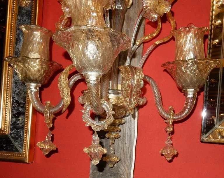 1950/70′ Pair of 3-Light Wall Sconces in Murano Crystal with Gold Flakes