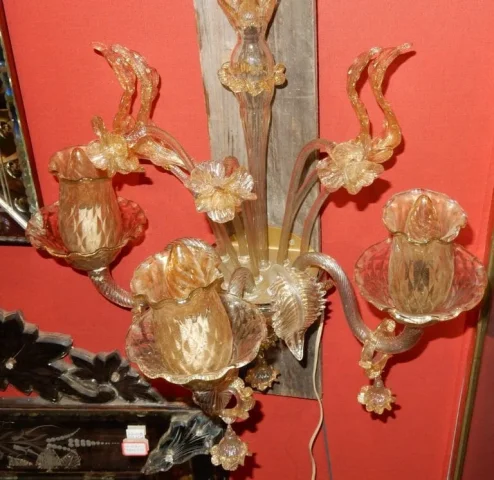 1950/70′ Pair of 3-Light Wall Sconces in Murano Crystal with Gold Flakes