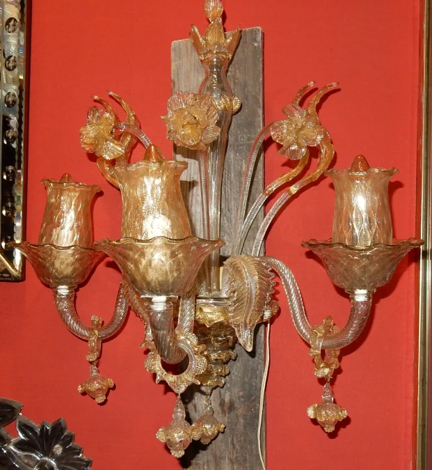 1950/70′ Pair of 3-Light Wall Sconces in Murano Crystal with Gold Flakes