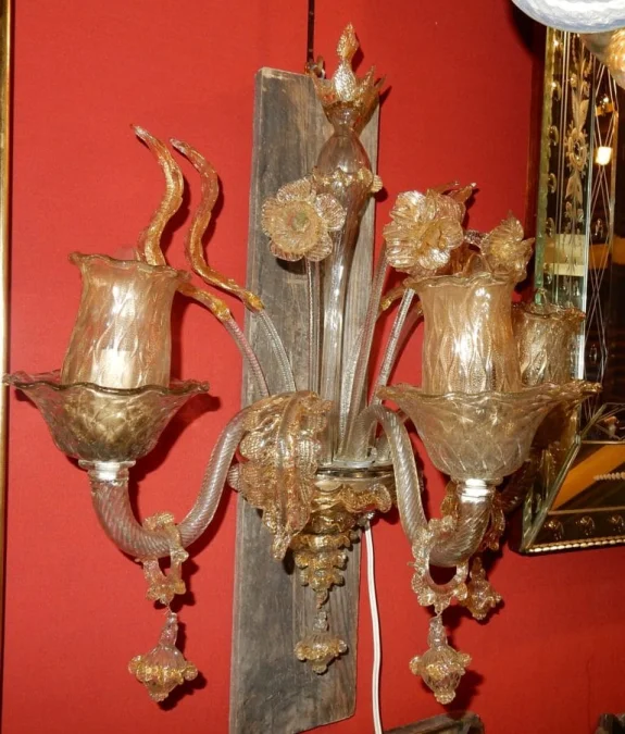 1950/70′ Pair of 3-Light Wall Sconces in Murano Crystal with Gold Flakes