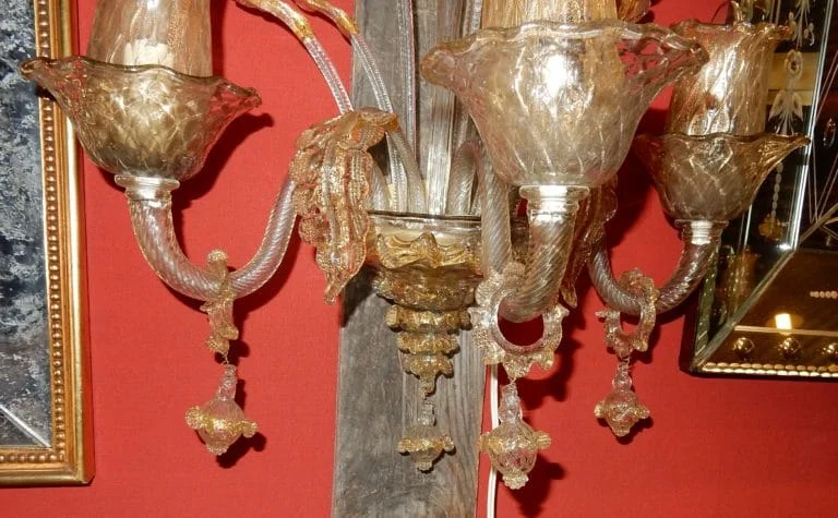 1950/70′ Pair of 3-Light Wall Sconces in Murano Crystal with Gold Flakes