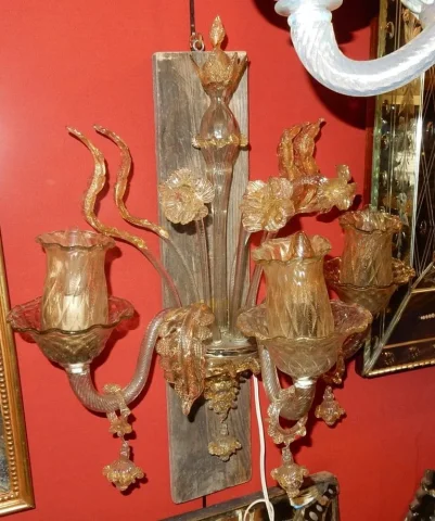 1950/70′ Pair of 3-Light Wall Sconces in Murano Crystal with Gold Flakes