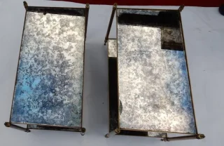 1950/70′ Pair of End Tables by Maison Baguès, Brass and Bronze, Mirror Tops, Olympic Flames