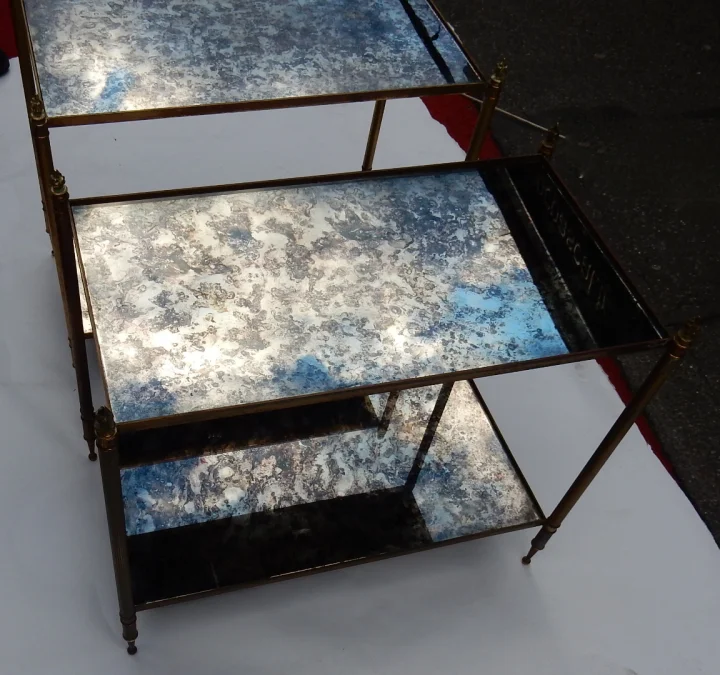 1950/70′ Pair of End Tables by Maison Baguès, Brass and Bronze, Mirror Tops, Olympic Flames