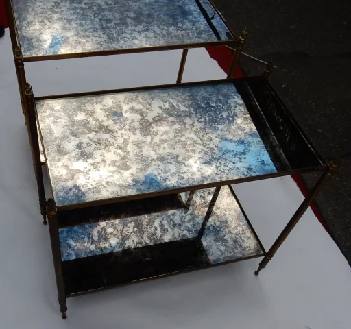 1950/70′ Paire De Bouts De Canapé Maison Baguès Laiton et Bronze Plateaux Miroirs Flammes Olympiques