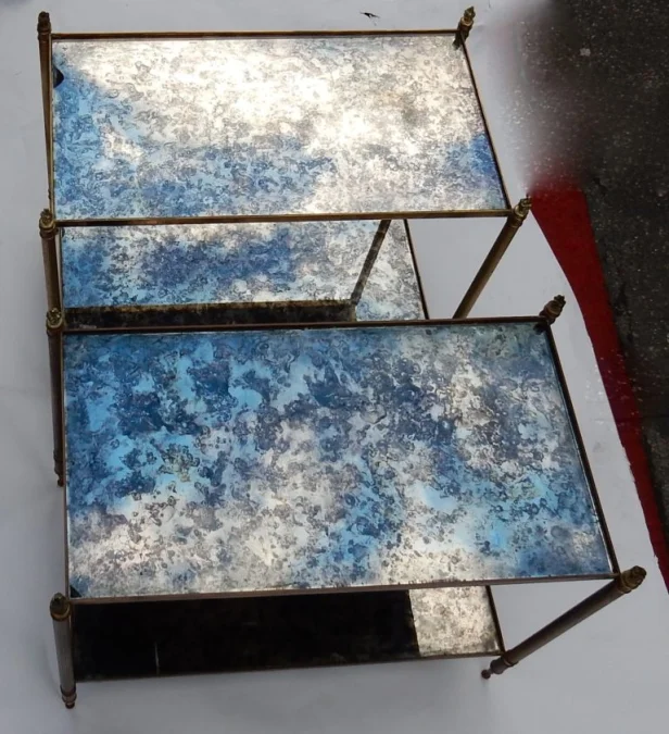 1950/70′ Pair of End Tables by Maison Baguès, Brass and Bronze, Mirror Tops, Olympic Flames