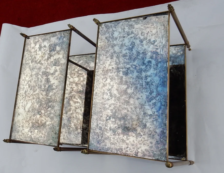 1950/70′ Pair of End Tables by Maison Baguès, Brass and Bronze, Mirror Tops, Olympic Flames