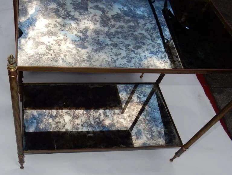 1950/70′ Pair of End Tables by Maison Baguès, Brass and Bronze, Mirror Tops, Olympic Flames