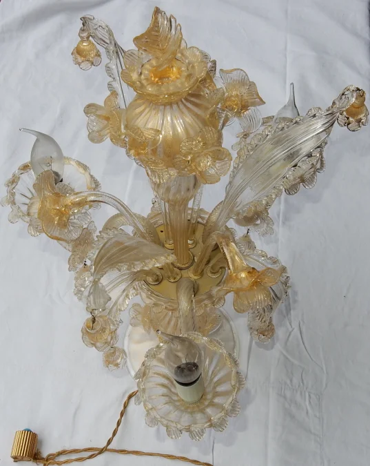 1950/70′ Murano Crystal Chandelier with Gold Leaves