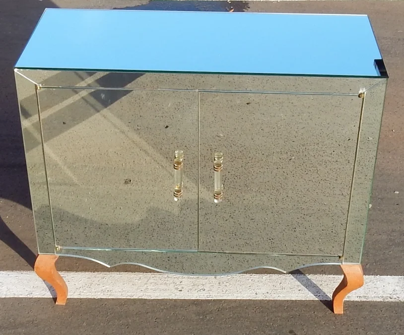 1940/50′ Art Deco Sideboard with Mirror, 2 Doors, 2 Glass Handles