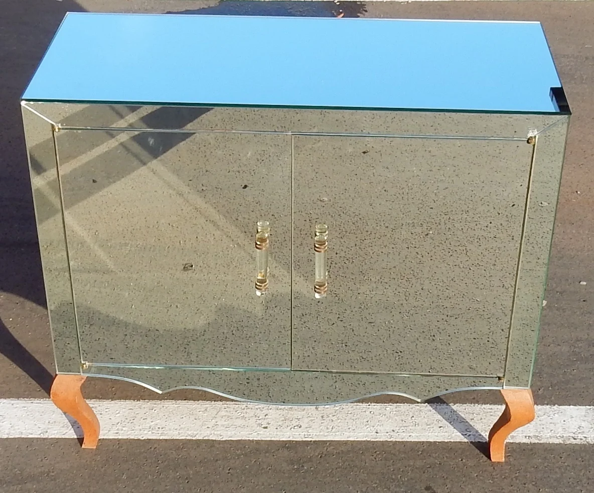 1940/50′ Art Deco Sideboard with Mirror, 2 Doors, 2 Glass Handles