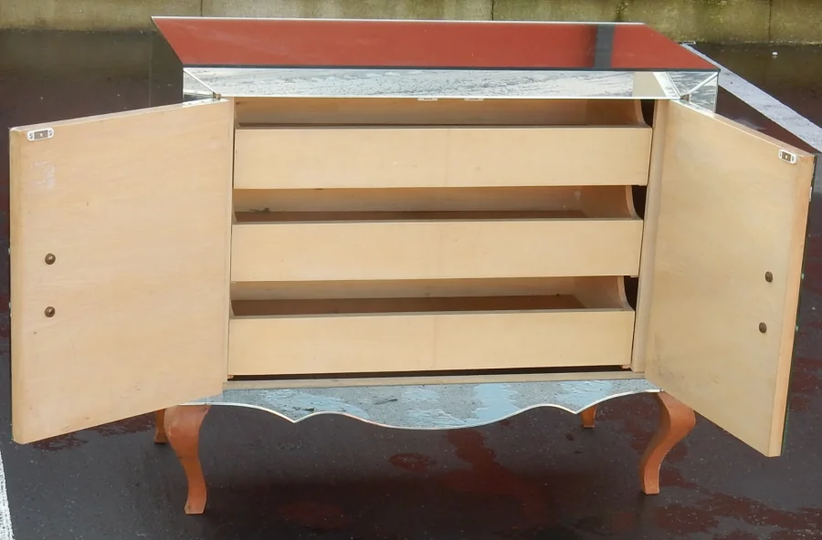 1940/50′ Art Deco Sideboard with Mirror, 2 Doors, 2 Glass Handles