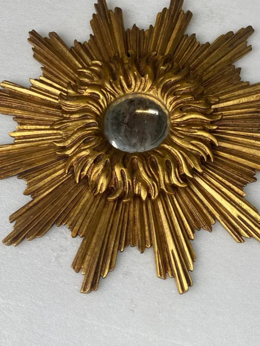 1950′ Miroir Soleil 2 Evolutions Bois Doré 75 Cm De Diamètre
