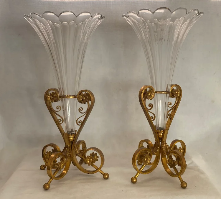 1870′ Paire de Cornets Baccarat Ou Similaires Monture Bronze ,Monogramme a la Couronne