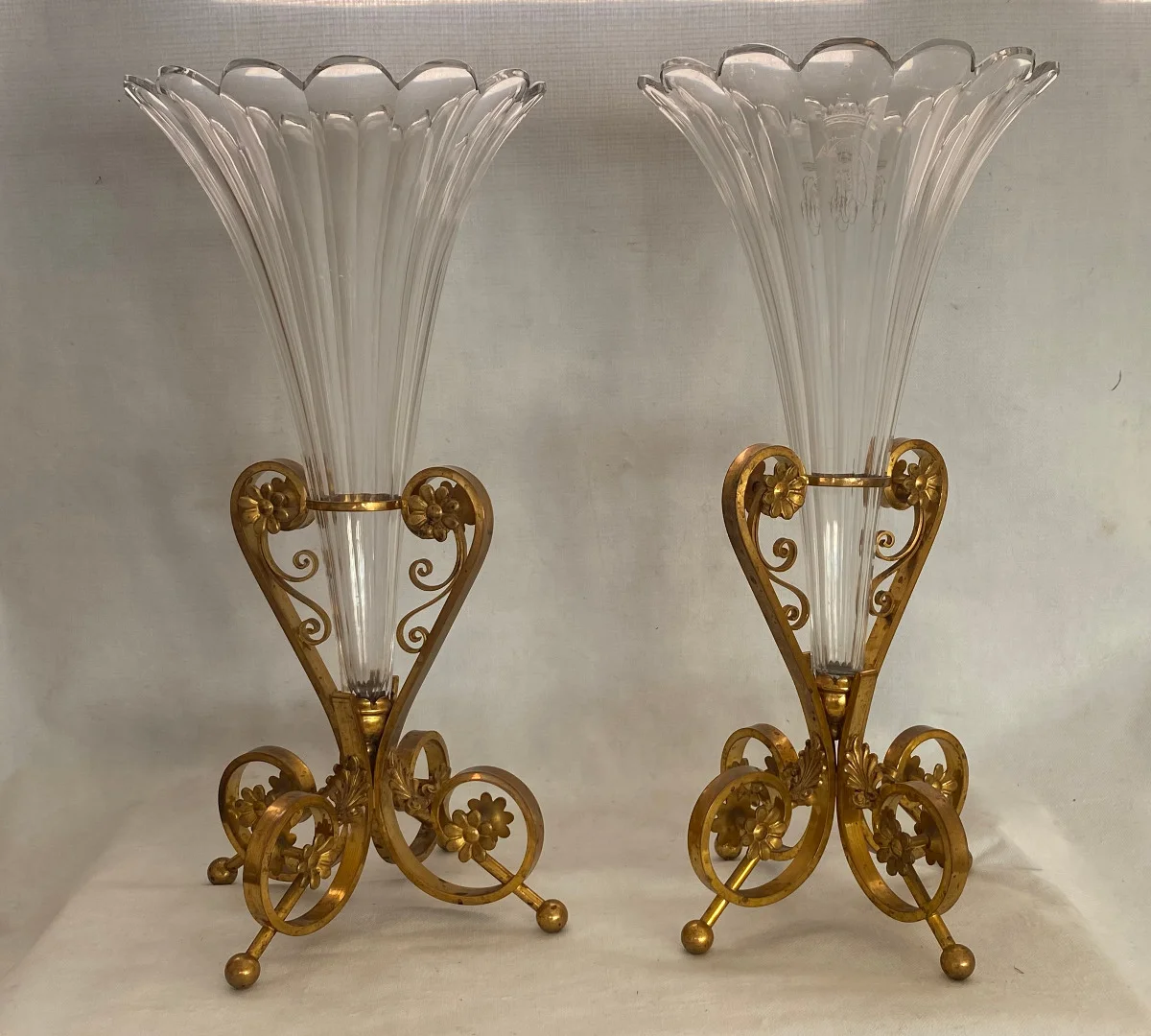 1870s Pair of Baccarat or Similar Vases with Bronze Mounts, Crown Monogram