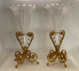 1870s Pair of Baccarat or Similar Vases with Bronze Mounts, Crown Monogram